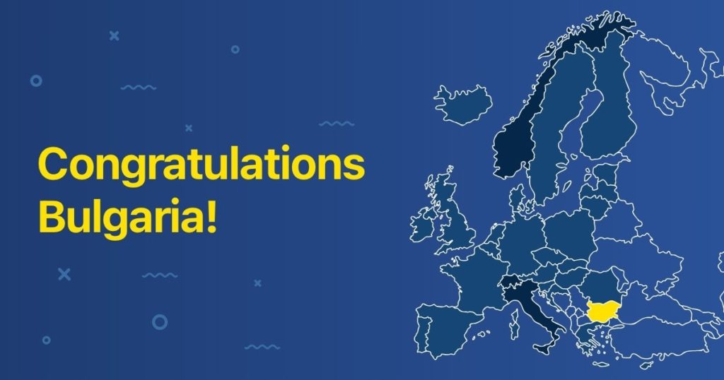Mapa de Europa con Bulgaria resaltado. Texto "Congratulations Bulgaria!"